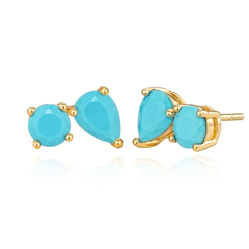Turquoise Stud Earrings for Women, 14K Gold Plated Created Gemstone Minimal Design Everyday Boho Jewelry Gifts - style: Round Teardrop