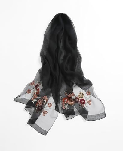 Jeelow Silk Blend Floral Fashion Scarf Shawl Wrap Lightweight Sheer For Women Floral Embroidery Wedding Party Prom - color: Petal Black