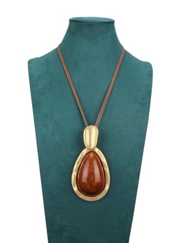 GelConnie Long Necklaces for Women Boho Large Pendant Necklace Casual Bohemian Brown Leather Choker Sweater Circle Statement Stone Necklace - style: Red Gold Long Necklace