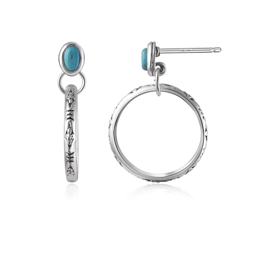 Natural Turquoise Gemstone Birthstone Stud Earrings with Circle Dangle Hoop Earrings Boho style for Vintage Western Jewelry - color: Silver and Blue