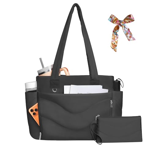 YFWE Puffer Tote Bag for women, Lightweight Tote Bag with Compartments for Work, Travel, School, Gym & Nurses - color: Black