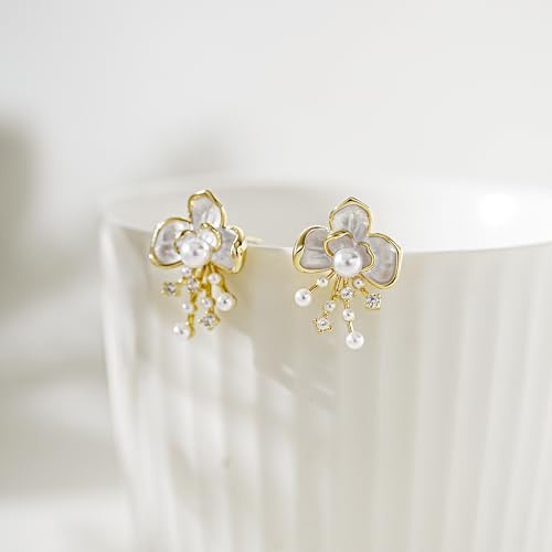 Pink Flower Earrings for Women, 925 Sterling Silver Stud Earrings, Cute Plumeria Earrings For Women, Cherry Blossom Hypoallergenic Stud - color: White Orchid Pearl