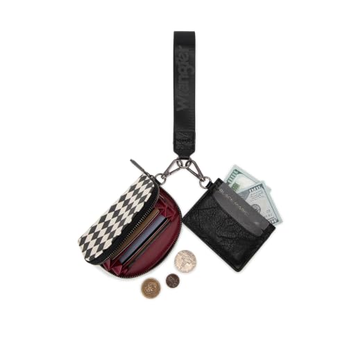 Wrangler KeyChain Wallet Checkered Wristlet Wallets for Women Western Dual Pouch Wristlet Credit Card Holder Wallet - color: Checkered Black