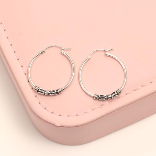 Charmsy 925 Sterling Silver Oxidized Balinese Hoop Earrings for Women | Lightweight Click Top Antique Oxidized Balinese Hoops Earring | Sise 30-60mm - color: Balinese Hoop-25MM/0.98"
