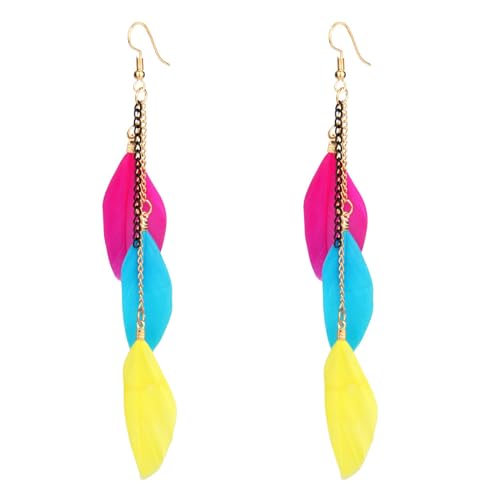 coadipress Boho Piercing Tassel Feather Long Chain Earrings Retro Lightweight Native Feather Dangle Drop Earrings for Women Bohemian Handmade Natural Feathers Earring Jewelry - color: Muticolor
