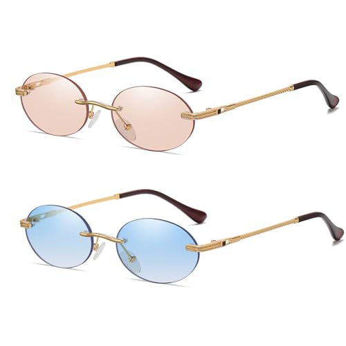 Retro Oval Sunglasses Rimless Small Round Glasses Frameless UV400 Men Women Fashion Shades - color: 2pack (Blue + Champagne)