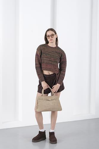 Base’ic Women’s Suede Tote Bag with Gold Hardware – Trendy Slouchy Shoulder Hobo Satchel Handbag Work Purse Travel Gift - color: Beige (Gold Hardware)