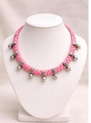 athizay Boho Charm Thread Choker Necklace – Braided Bohemian Choker with Oxidized Silver Dangle Charms | Handmade Boho Jewelry for Women - color: Soft Pink, Silver