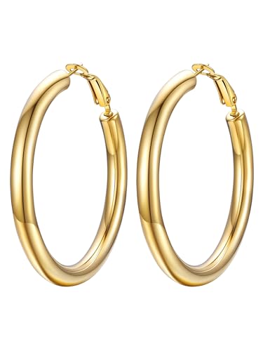 Stainless Steel Chunky Hoop Earrings For Women, Minimalist and Chic, Black/Gold Plated, Round Hoops Earrings Hypoallergenic, Size: 30mm/40mm/60mm/80mm, Come with Box - color: 1. Gold, size: 50MM