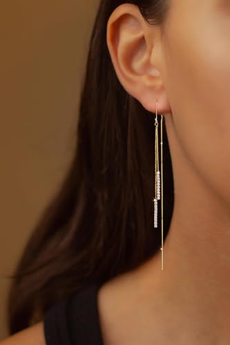 Robaice Gold Long Prom Earrings for Women, 14K Gold Plated Pearl Dangle Drop and Chain Tassel Threader Earrings Dangling，Rhinestone Zirconia Hypoallergenic Bride Party Prom Gold jewelry，Women Gifts - style: A-long threader earrings