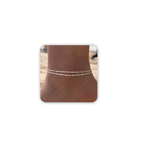 Freekiss Sterling Silver Ankle Bracelets for Women: Dainty Layered Waterproof Anklet for Women Adjustable Womens Anklet Set Stackable Figaro Beaded Cuban Link Anklets Beach Jewelry for Women - color: ANKLET-Single clasp beaded chain-SL