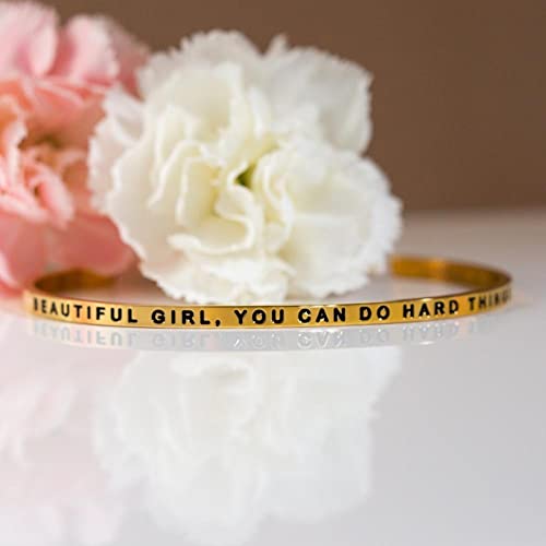 MantraBand - Mantra Band Bracelet - Gold color - Inspirational Engraved Adjustable Cuff - Gifts for Women, Sisters, Friends, Family - style: BEAUTIFUL GIRL, YOU CAN DO HARD THINGS