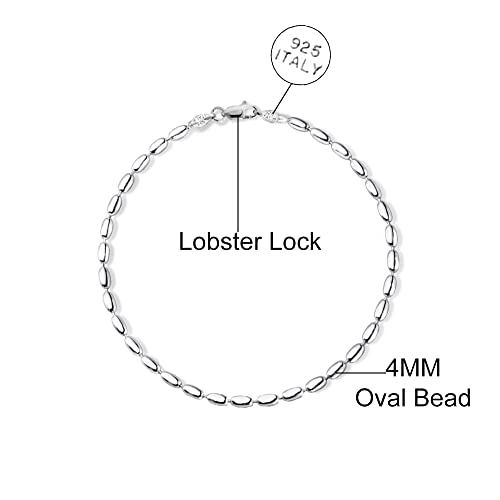 Savlano 925 Sterling Silver Oval Rice Bead Strand Chain Bracelet For Women - Made in Italy Comes Gift Box - style: 4MM