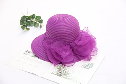 Women's Kentucky Derby Church Dress Hat Wide Brim Leaf Flower Bridal Shower Hat - color: 01 Purple