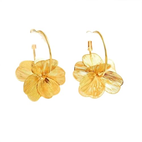 Dainty Gold Boho Textured Flower Hoop Earring for Women, Statement Unique Ginkgo Leaf Floral Petal Drop Dangle Earrings Vintage Party Holiday Jewelry