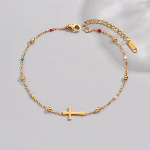 Cross Anklets for Women, 18K Gold Plated Dainty Ankle Bracelets with Colorful Beads Pearl Anklet, Adjustable Religious Christian Satellite Cross Chain, Waterproof Boho Summer Beach Jewelry - style: Colorful Beaded Cross-Gold