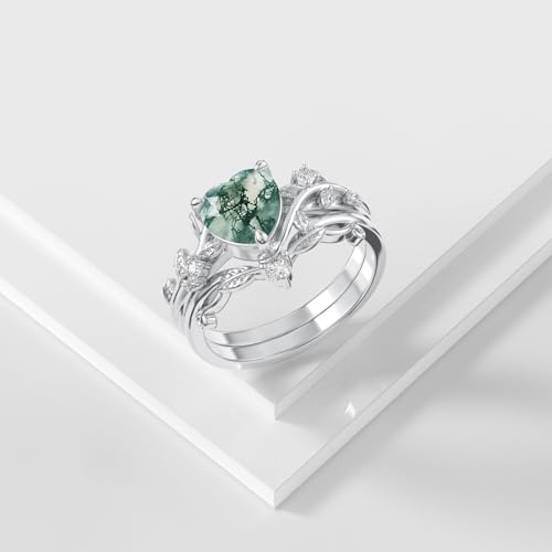 Natural Moss Agate Ring for Women 925 Sterling Silver Pear/Oval/Kite/Heart/Hexagon/Emerald/Coffin Cut Green Leaf Moss Agate Engagement Ring Promise Bridal Set Anniversary Birthday Jewelry Gifts - color: Heart Cut Moss Agate