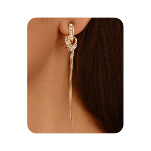 18K Gold/Silver Plated Dangle Earrings for Women Sparkly Rhinestone Long Tassel Dangle Earrings Dainty Long Hanging Chain Earrings Wedding Party Prom Earrings - color: Gold