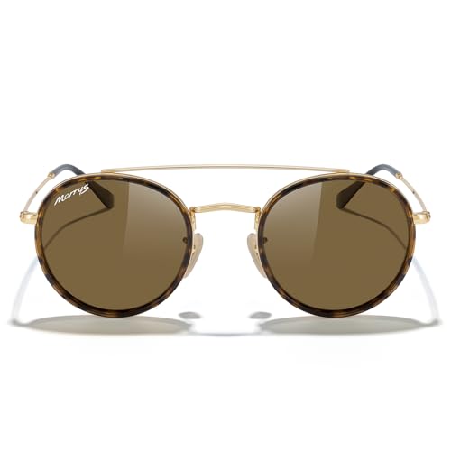 MERRY'S Retro Round Polarized Sunglasses - Unisex Double Bridge Sun Glasses - color: Leopard Frame/Gold Bridge/Brown Lens