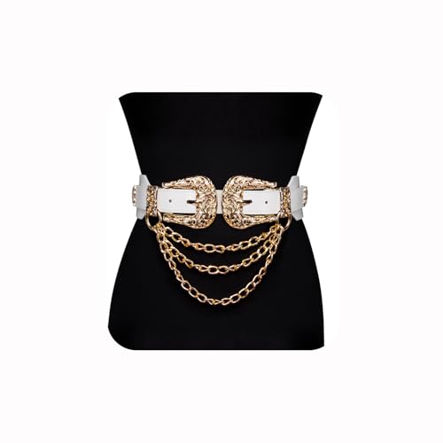 Dubulle Womens Belt Chain Leather Belts Vintage Western Adjustable Elastic Double Buckle for Cowboy Pant Dress - color: White Gold