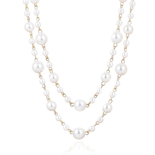 Long Gold Pearl Necklaces for Women White Faux Pearl Necklace Double Layered Pearl Necklace Jewelry Gift Sweater Accessories