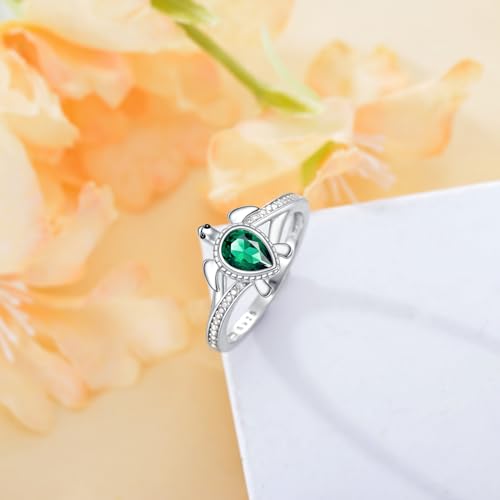 Sea Turtle Ring for Women 925 Sterling Silver Pear Shaped Birthstone Ocean Statement Ring for Ladies - color: Lab Created Emerald