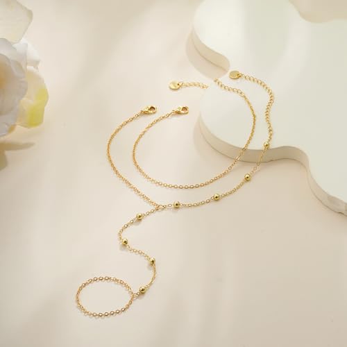 Hand Chain Bracelets for Women - 14K Real Gold Plated Dainty Stackable Paperclip Link Bracelets Hand Chain Bracelet Ring Gold Bracelets for Women Trendy - color: 4 Bead Hand Chain