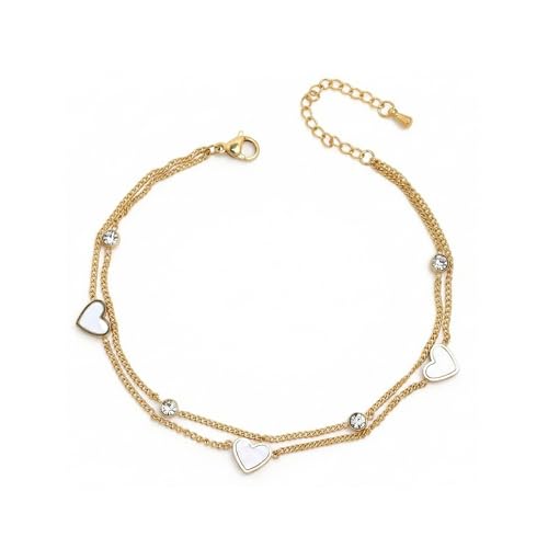 Dainty Gold Shell Pearl Charm Ankle Bracelet for Women Trendy non-Tarnish Adjustable Anklet Summer Beach Fashion Jewelry Gift - color: Heart Rhinestone