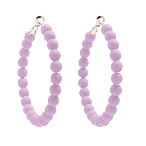 Bohemian Colorful Acrylic Resin Matte Beads Round Circle Hoop Drop Dangle Minimalist Chic Lightweight Earrings for Women Boho Geometric Beaded Statement Jewelry - color: purple