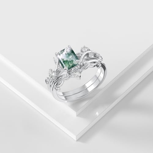 Natural Moss Agate Ring for Women 925 Sterling Silver Pear/Oval/Kite/Heart/Hexagon/Emerald/Coffin Cut Green Leaf Moss Agate Engagement Ring Promise Bridal Set Anniversary Birthday Jewelry Gifts - color: Emerald Cut Moss Agate
