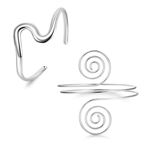 2Pcs Gold Arm Cuff for Women Adjustable Arm Cuff Bracelet Minimalist Open Coil Upper Arm Band Cuff Bangle Set - style: Silver A