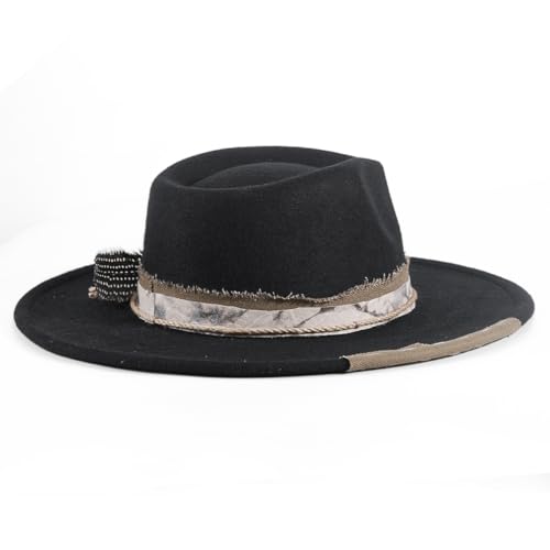 Womens Boho Fedora Hat Wide Brim Fedora Mens Handmade Flat Brim Hats - color: 2black