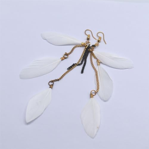 coadipress Boho Piercing Tassel Feather Long Chain Earrings Retro Lightweight Native Feather Dangle Drop Earrings for Women Bohemian Handmade Natural Feathers Earring Jewelry - color: White