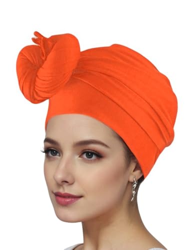 vabovin Head Wraps for Black Women Stretch Jersey Knit Turban Headwrap Solid Color Headscarf Headband Shawl - color: 07- Orange