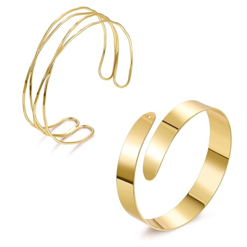 2Pcs Arm Cuff Gold Upper Arm Cuff for Women Adjustable Upper Arm Bracelets Open Irregular Arm Bangle Minimalist Coil Swirl Armlets Armband Jewelry - style: styleD gold