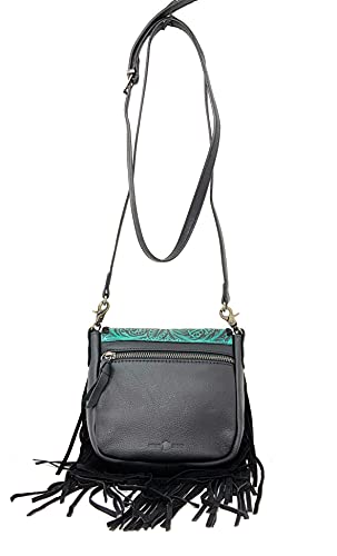 Western Genuine Leather Floral Tooled Fringe Womens Crossbody Bag 3 Color - color: Black/Turq