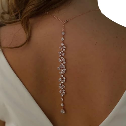 Simple Crystal Leaf Back Chain Body Jewelry for Women Festival Rhinestone Necklace Bridal Wedding Backdrop Body Accessories Jewelry - color: Rose Gold