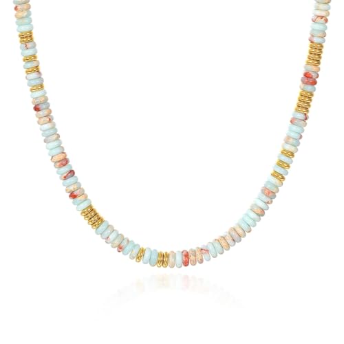 KissYan Boho Beaded Choker Necklace for Women, Gemstone Choker Natural Stone Freshwater Pearl Surfer Necklaces 14K Gold Plated Summer Beach Handmade Jewelry - color: P-Blue Red