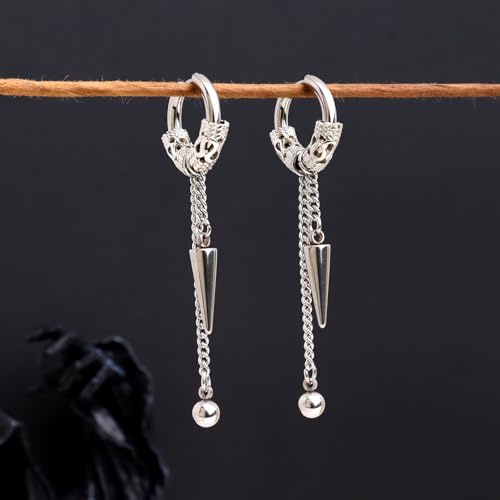 Sonateomber Gothic Silver Black Small Hoop Earrings for Women Men, Punk Hip Hop Engrave Beaded Goth Dangle Drop Earings Halloween Costumes Accessories Prom Fashion Jewelry Gift - color: Silver Spike
