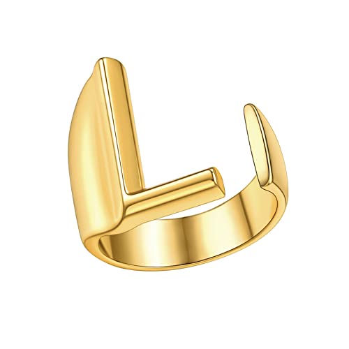 FindChic Customizable Initial Ring Statement 18K Gold Plated Fashion Cuff Rings for Women Alphabet Letter A to Z Resizable Knuckle Ring (with Gift Box) - color: L