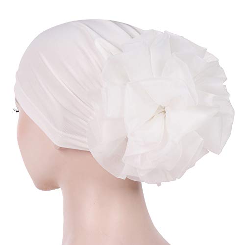 Women Big Flower Turban Hat Head wrap Headwear Cancer Chemo Beanie Cap Hair Loss Cover - color: White