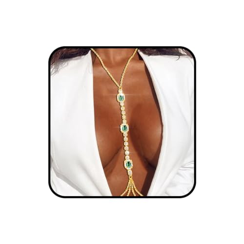 Bounzhi Rhinestone Crossover Body Chain Bra Shiny Crystal Chest Harness Bikini Body Jewelry - style: GreenRhinestone-Gold