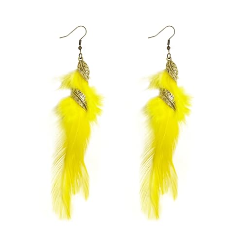Feather Earrings for Women Bohemian Fringe Tassel Long Drop Dangle Earrings Lightweight Boho Statement earrings - color: yellow