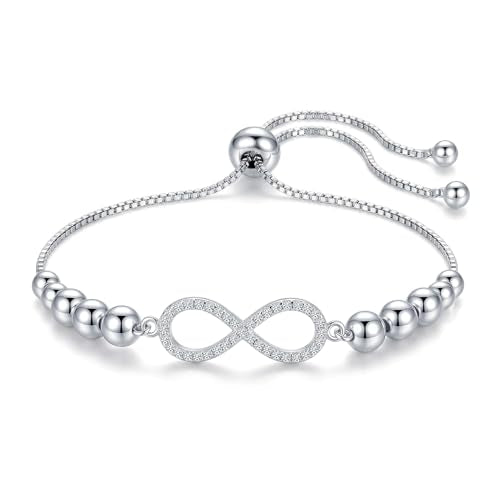 LeCalla 925 Sterling Silver Bolo Bracelet | Women's Italian Handmade Solid Adjustable Bolo Slider Bracelet | Lightweight Chain Bracelet Jewelry for Wife Girlfriend Her - color: Bead Ball CZ Infinity