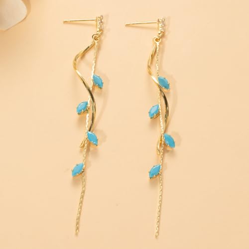 Temperament Long Zircon Tassel Earrings for Women Charm Jewelry Sparkling Crystal Leaves Twist Dangle Earrings for Friends - color: Gold-Bule Leaves