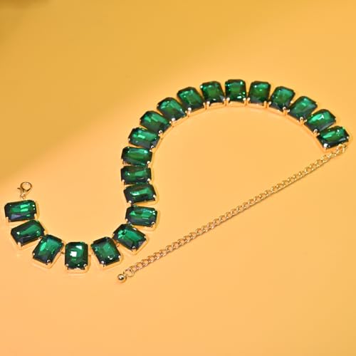 Fashionable Chunky Plated Tennis Rhinestone Statement Necklace Jewelry Set for Women Multicolor gem necklace with Great Sparkle and Shine Design for Women to Easy Match - color: emerald square rhinestone