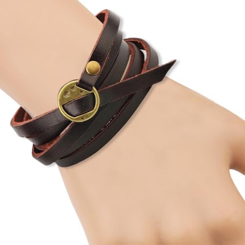 2PCS Genuine Leather Cuff Bracelets Adjustable Cowhide Leather Boho Layered Arm Armor Cuff Vintage Western Dark Brown Stackable Straps Wristbands Wrist Wrap with Toggle Clasp for Men Women - color: dark brown