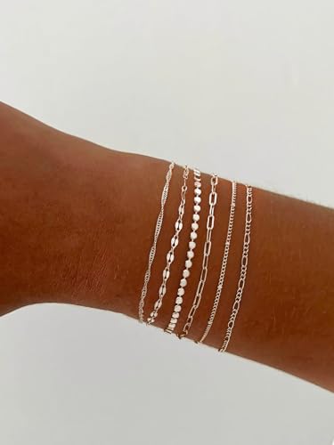 Tewiky Waterproof Gold Bracelets for Women Non Tarnish - Dainty Stack 14K Gold Plated/Sterling Silver Chain Bracelets Set Adjustable Trendy Jewelry for Women - style: Style E