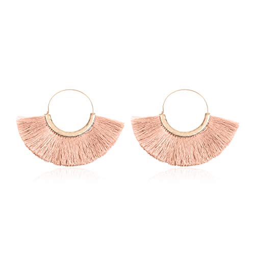 Bohemian Silky Thread Tassel Strand Fringe Statement Hoop Earrings - Lightweight Semi Circle Fan Threader, Mermaid Hoops - color: Halfmoon Tassel Hoops - Dusty Pink