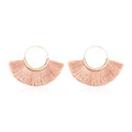 Bohemian Silky Thread Tassel Strand Fringe Statement Hoop Earrings - Lightweight Semi Circle Fan Threader, Mermaid Hoops - color: Halfmoon Tassel Hoops - Dusty Pink